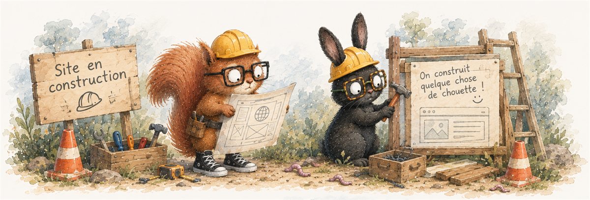 Illustration à l'aquarelle : un écureuil et un lapin noir, tous deux à lunettes et casque de chantier, montent un site web. L'écureuil déroule un plan de maquette, le lapin cloue un panneau. Deux pancartes annoncent « Site en construction » et « On construit quelque chose de chouette ! ».